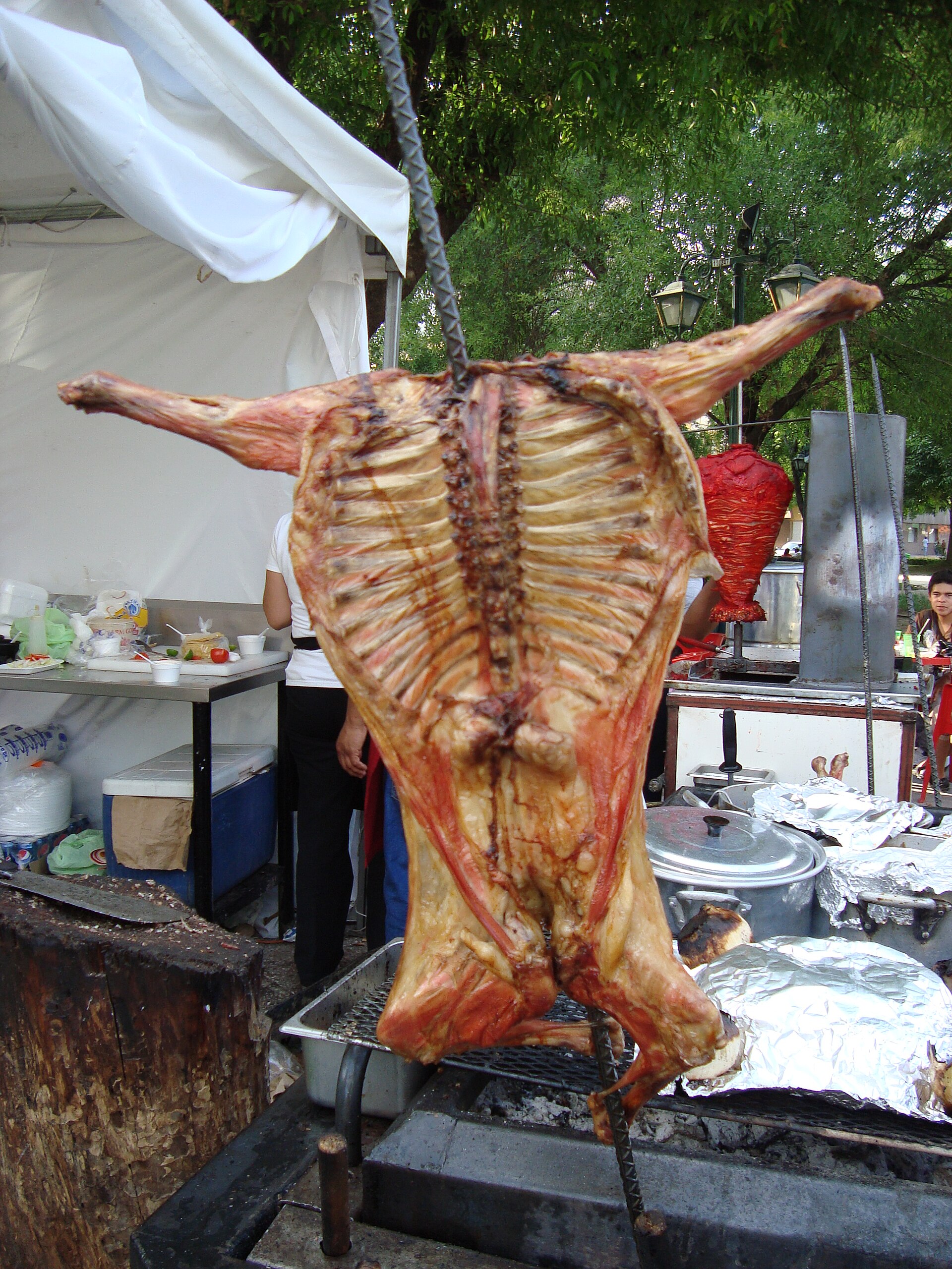 Cabrito al pastor splayed on iron espadas around a bed of mesquite coals — the single dish that defines the regio table.